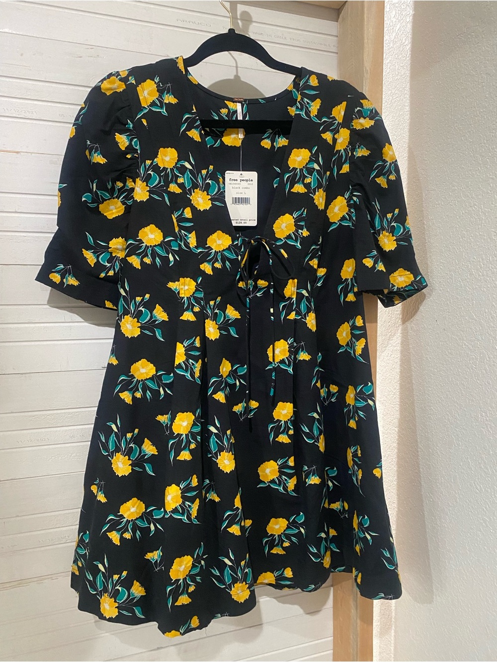 Free People Black Dress with Yellow Floral Print. NWT